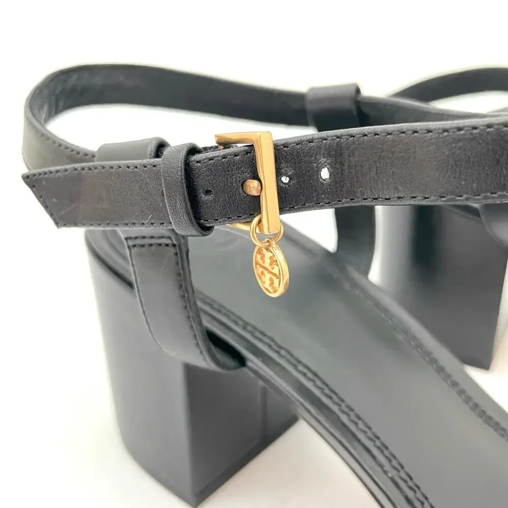 Tory Burch Black Leather Block Heel Sandals with Gold Buckle
